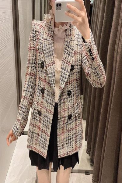 

women039s suits blazers fashion double breasted plaid tweed coat women 2022 vintage office ladies outerwear casual casaco fem645023312951, White;black