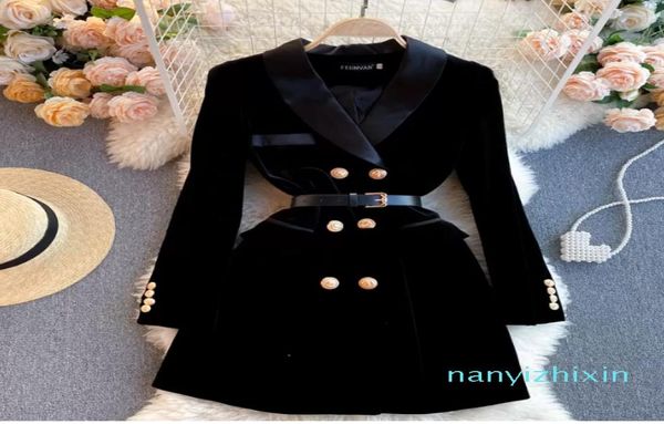 

women039s jackets velvet jacket winter double breasted long sleeve ladies black blazer belt women slim suit blazer outwear clot2483954, Black;brown