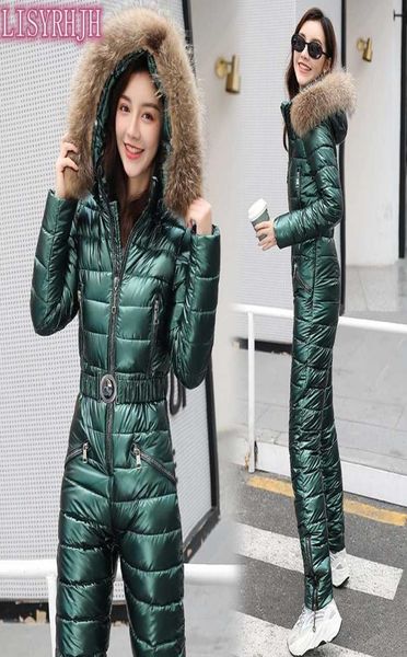 

real raccoon fur collar women winter hoodie coat one piece ski jumpsuit breathable snowboard jacket skiing pant sets parkas outw4806325, Black