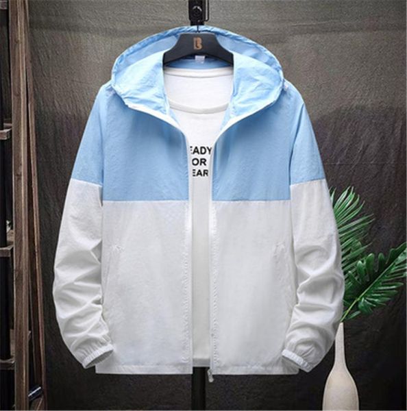 

2021 spring and summer men039s soft shell jacket ultrathin breathable contrast color stitching hooded 3xl large size quickdry1997292, Blue;black