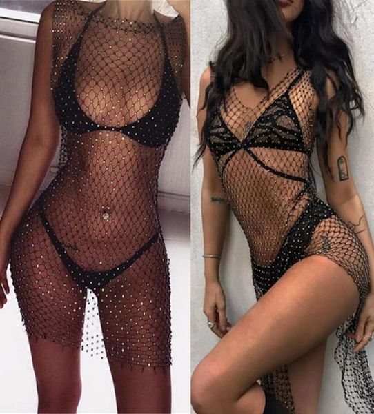 

new summer fashion womens lace fishnet bikini cover ups diamond net clothes swimwear bathing suit beach dress11043530, White;black