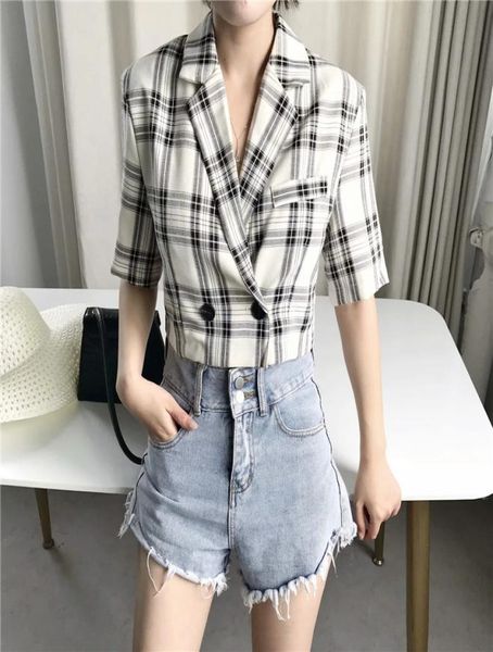 

women casual plaid print cotton linen short blazers female 2020 autumn summer stylish short sleeve jacket outwear womens blazers9201171, White;black