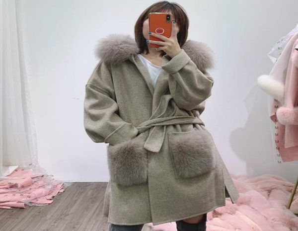 

oftbuy real fur coat winter jacket women natural fox fur collar pocket cuffs hood cashmere wool woolen oversize ladies outerwear1564448, Black
