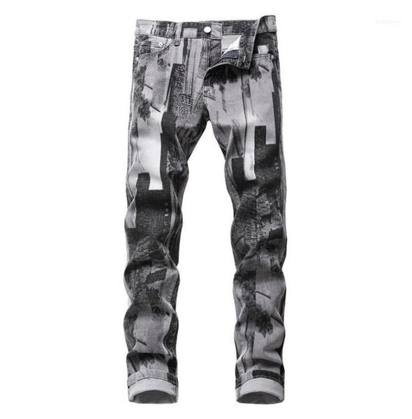 

men039s jeans fashion gray pattern printed slim traight stretch denim pants9309968, Blue