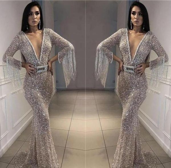 

2019 silver sequins prom dress plunging v neck long sleeves pageant holidays graduation wear evening party gown custom made 1239651, Black