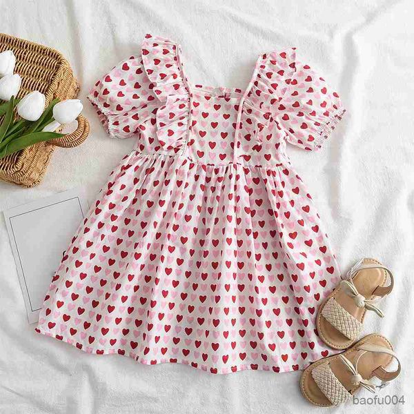 

girl's dresses gaun anak perempuan musim panas gaun anak-anak gambar cetak cinta gaun putri bayi perempuan baju pesta gaun ruched ulang, Red;yellow