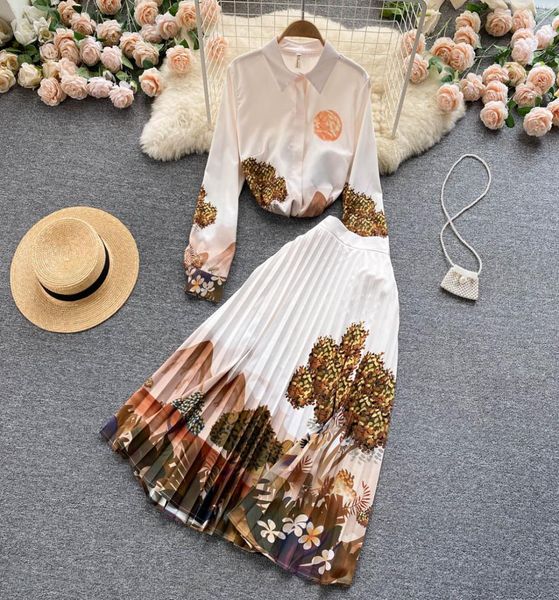 

highquality women039s two piece pants new fashion spring print loose thin shirt highwaist long midi pleated skirt twopiece s2349674, White