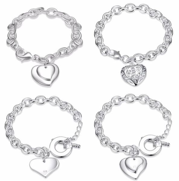 

whole mixed order 925 sterling silver plated heart pendant charm bracelet bangles fashion party jewelry valentine039s day3703384, Golden;silver