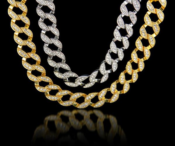 

24k real gold plated miami cuban link exaggerated shiny crystal rhinestone necklace sets hip hop bling hipster men chains 75cm7710836, Silver