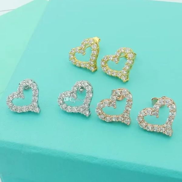 

womens hollow heart earrings studs designer jewelry bore studs full brand as wedding christmas gift tiffanies, Golden;silver