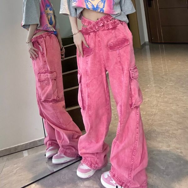 

women's jeans fashion tie dye pink design sense small sweet cool high waist jeans women y2k vintage wide leg straight leg jeans women&#, Blue