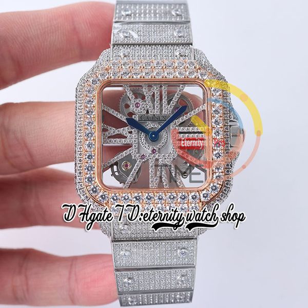 

sf twf0016 swiss ronda 4s20 quartz mens watch fully iced out big diamonds rose gold bezel roman markers skeleton diamond dial steel bracelet, Slivery;brown