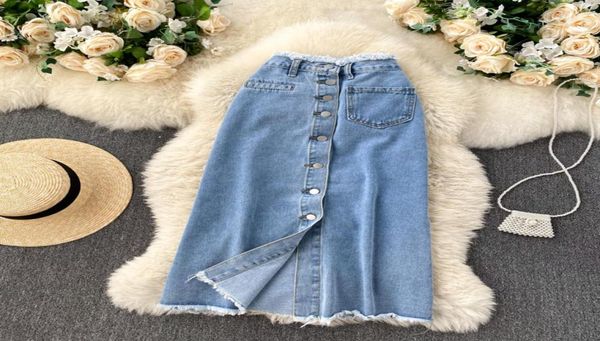 

long denim skirt for women korean fashion vintage tassels high waist single breasted aline jeans skirt with pockets 20229970261, Black