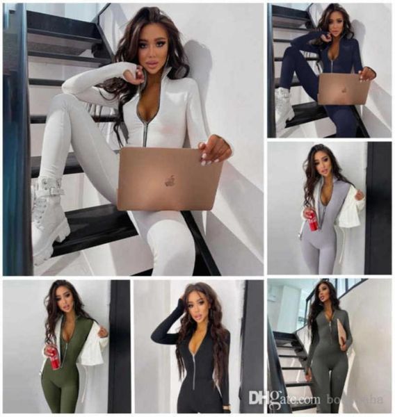 

women jumpsuits designer 2022 new solid color slim long sleeve zipper waist tight sports yoga rompers 5 colours2153359, Black;white