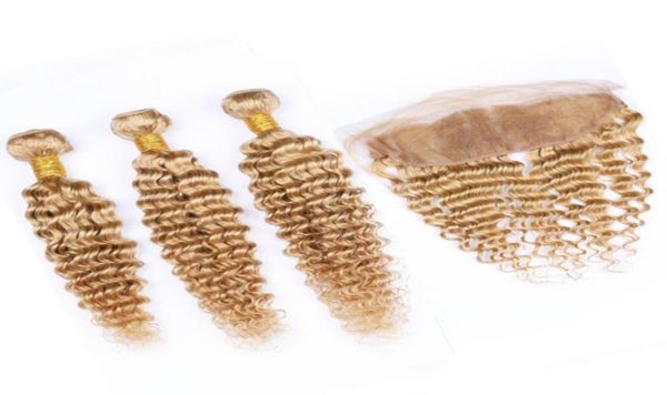 

honey blonde deep wave 3bundles malaysian hair weaves with frontal closure 27 light brown wavy human hair wefts with lace frontal13111240, Black