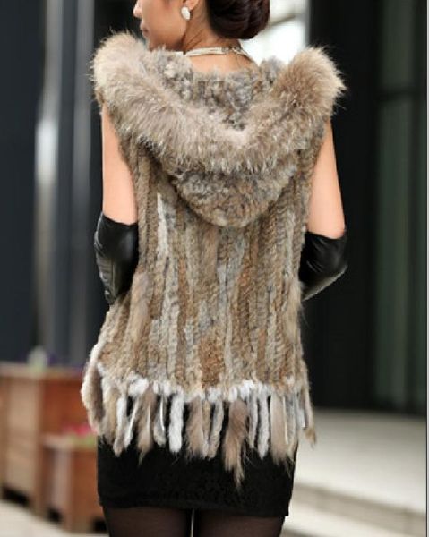 

wholewomen real fur vest is lady genuine rabbit fur kintted gilet hooded winter fashion warm 12422781430, Black