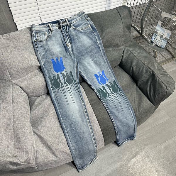 

men's jeans trendy distinctive embroidered fashion stretch light color printed pants painted leg stitching rainbow trousers, Blue