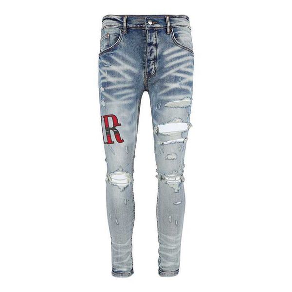 

mens jeans distressed motorcycle biker jean rock skinny slim ripped hole letter brand hip hop denim pants, Blue