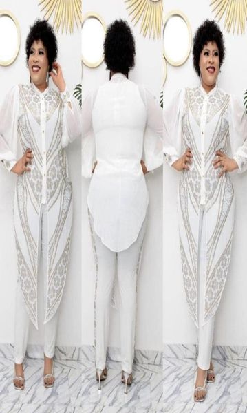 

women fashion two piece pants sets long sleeve crew neck crystal beading jacket and skinny pants plus size african womens7518649, White