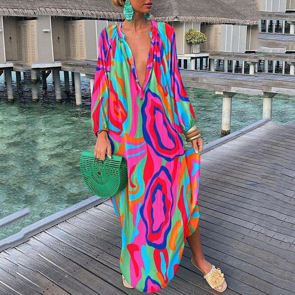 

l size dress bohemian long sleeved button loose v style womens, Black;gray