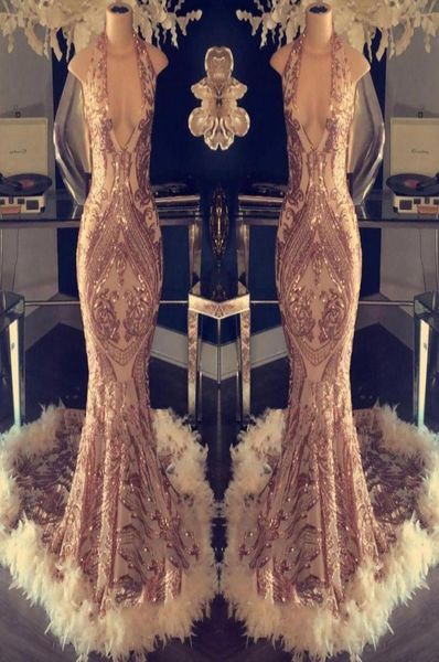 

elegant halter sequins mermaid long prom dresses 2019 v neck feather sweep train evening party gowns bc104883905486794791, Black