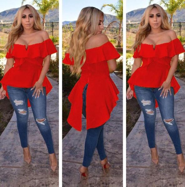 

special design 2019 new popular casual style women t shirt solid slash neck ruffle short sleeve bodycon blouses tee7916592, White