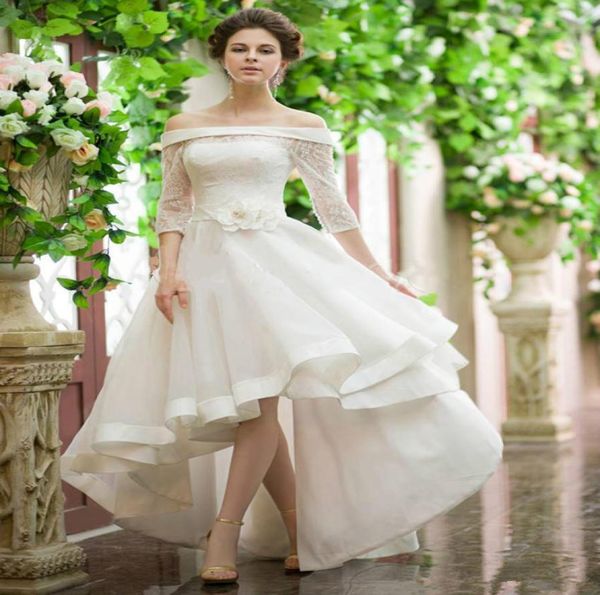 

high low a line wedding dresses with flower sash bateau neck lace 34 long sleeves bridal wedding gowns6038646, White