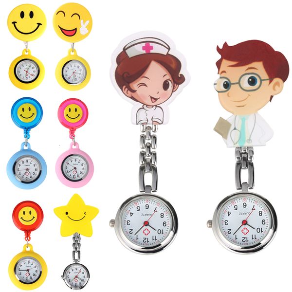 

pocket watches nurse watch for women yellow cute smiling clip-on quartz pocket watch brooch pendant hanging for medical doctor nurse gadget, Slivery;golden