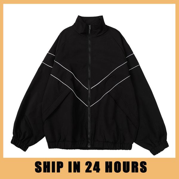 

men's jackets hip hop reflective striped jackets mens harajuku patchwork zipper windbreaker streetwear casual loose varsity coats blue, Black;brown