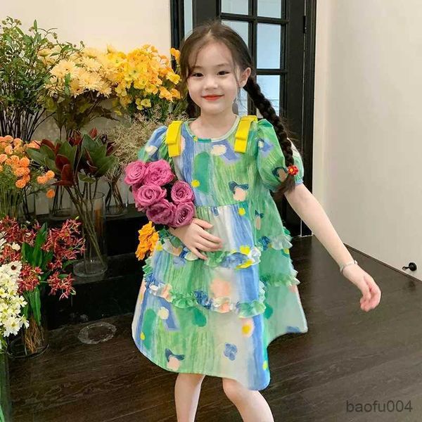 

girl's dresses gaun gaya lukisan minyak pastoral anak perempuan bayi gaun putri gadis manis baru musim panas 2023 gaun bunga lengan puf, Red;yellow