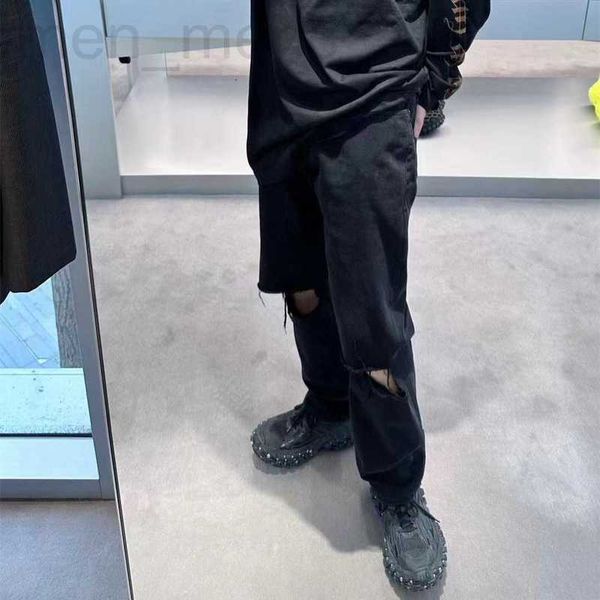 

men's jeans designer high version 2023 early autumn internet celebrity with b family knife cut damaged black men's and women', Blue