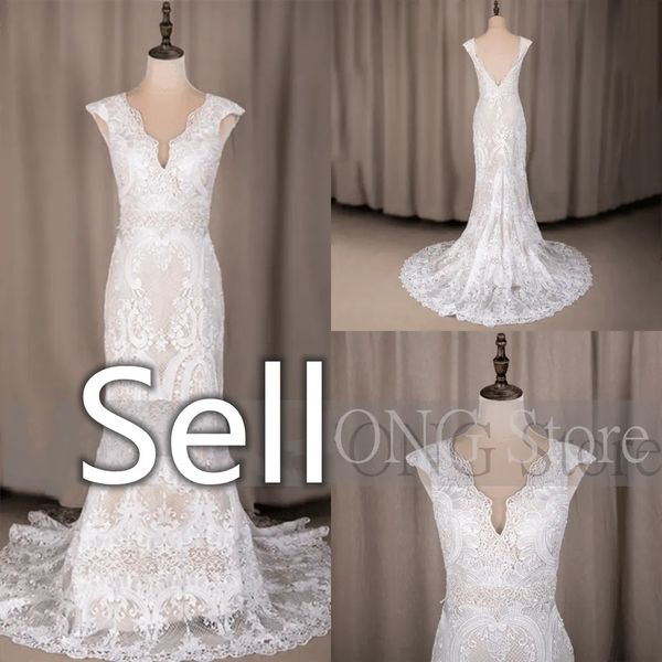 

100% real ps simple v neck open back cap sleeve mermaid bohemian sweep train lace wedding dress bride gown 2023, White