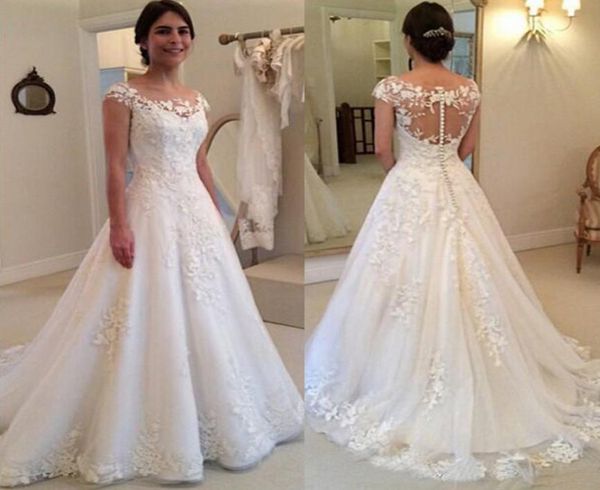 

illusion back cap sleeve wedding dress sheer see through bridal dresses with lace appliques covered buttons vestido d6919722, White