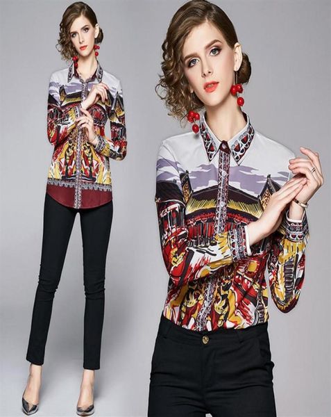 

2020 spring summer fall runway chic vintage print collar button front long sleeve women ladies casual office work ol shirt bl2783385, White