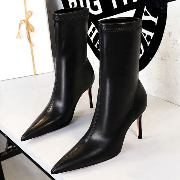 

boots bigtree shoes 2023 women midcalf pointed toe highheel stiletto heels leather fashion autumn winter 230807, Black
