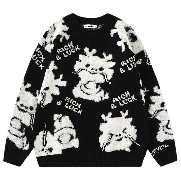 

men's sweaters autumn men knitted jumper hip hop cute dragon jacquard knitwear streetwear harajuku fashion casual pullovers clothing 23, White;black