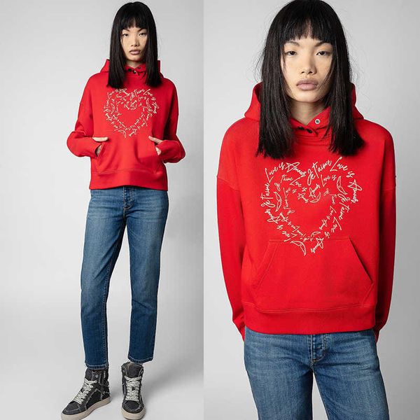 

zadig voltaire tide designers sportswear letter patchwork love diamond inner lining fleece red women hoodie classic fashion pure cotton luxu, Black