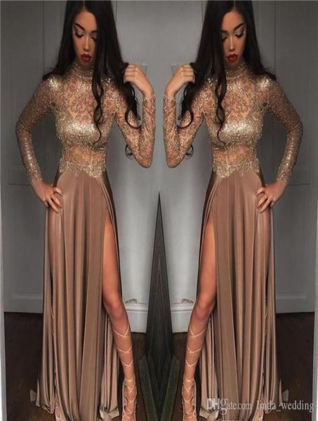 

2019 vintage high collar long sleeves prom dress lace split formal holidays wear graduation evening party gown custom made p4230321, Black