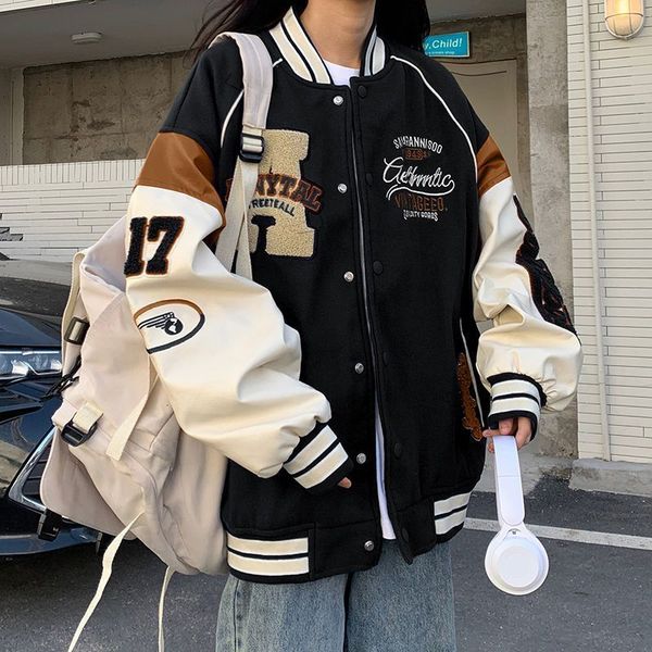 

women's jackets deeptown vintage bomber jacket women harajuku varsity baseball jackets korean fashion college uniform oversized streetw, Black;brown