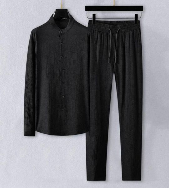 

men039s tracksuits 1 set autumn men pants pleated trousers solid color two piece stand collar relaxed fit shirt streetwear2487125, Gray