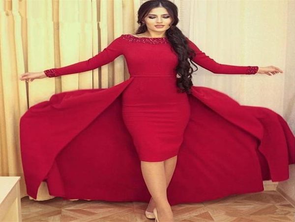 

elegant prom dresses long sleeve beaded scoop neck robe de soiree knee length sheath short evening party gowns with overskirt9023214, Black;red