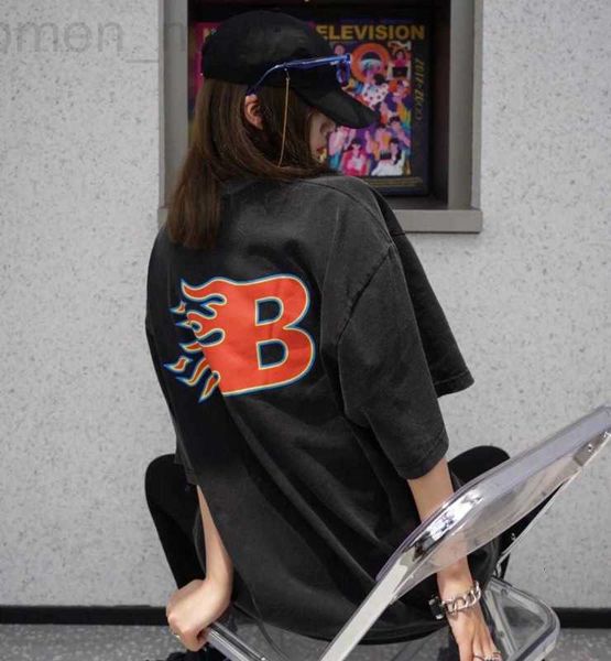 

women's t-shirt designer high edition 2023 summer new luxury fashion b family flame letter printing wash old men's and short sleev, White