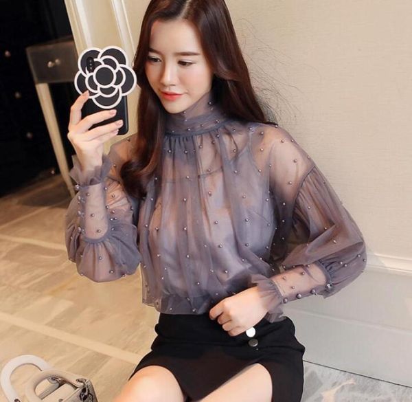 

2018 spring women039s lace blouse long sleeve beaded elegant transparent lady039s casual shirt blouses gray apricot c322336647, White