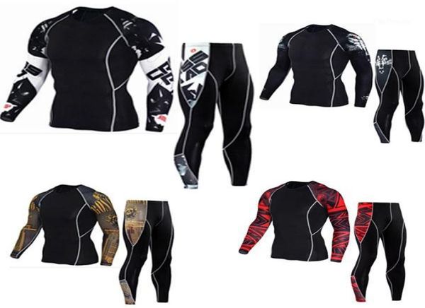

new custom compression tracksuit men training running set fitness tight long sleeve shirt pants leggings gym sport suit11303225, Black;blue