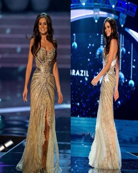 

2019 vestido miss world brazil prom dresses crystal beaded lace tulle evening gowns formal sheath side slit mermaid celebrity dres2318191, Black