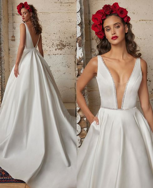 

long satin v-neck beaded wedding dress with pockets a-line ivory pleats sweep train bridal gown with buttons backless vestido de novia women, White