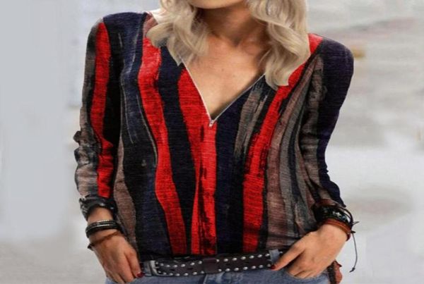 

women039s blouses shirts women striped zipper down v neck shirt colour stripe printing long sleeves office ladies casual 1759289, White