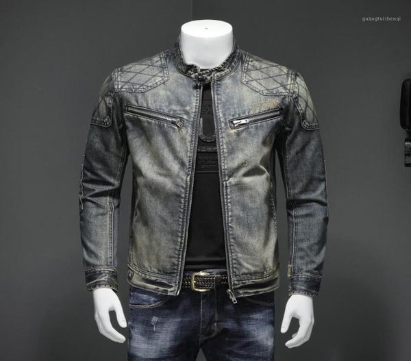

men039s blue denim vintage classic biker motorcycle jacket stand collar retro slim fit distressed racer jeans coat drop jackets9436430, Black;brown