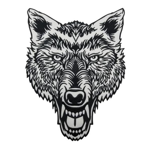 

huge lone wolf head tattoo reflective embroidered patch biker back applique iron sew on badges 12 inch high 8288313, Black