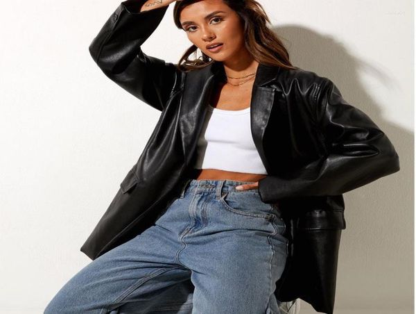 

women039s leather pu blazer jacket women long sleeve turn down collar casual autumn winter office lady streetwear brown green6756048, Black
